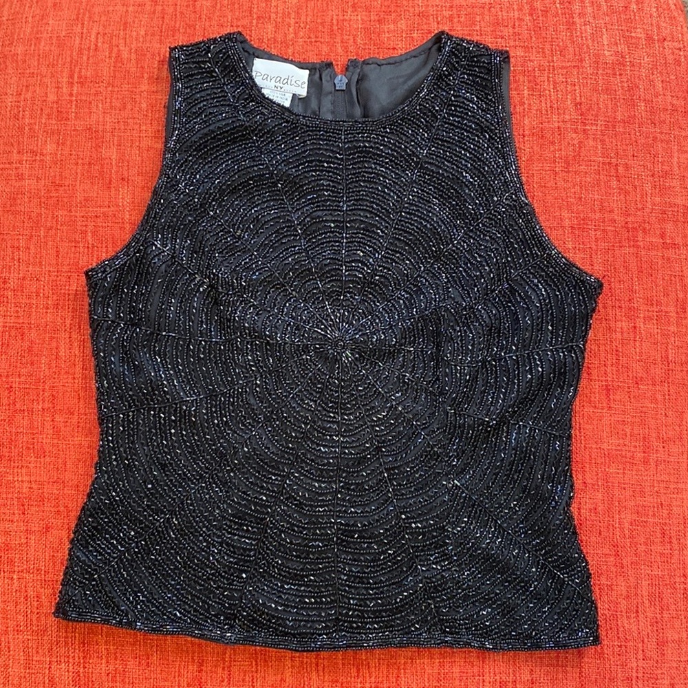 VTG Deadstock Black Silk Beaded Spiderweb Goth Blouse